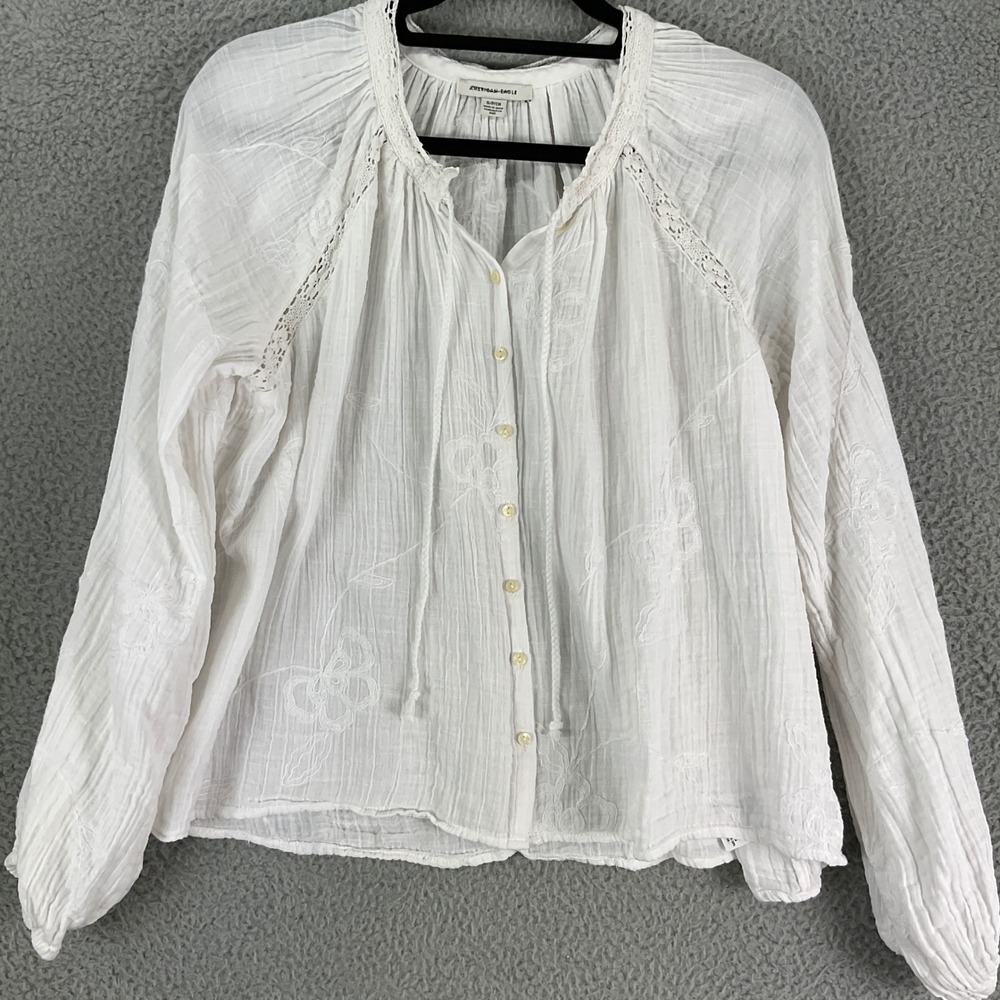 American Eagle Blouse Womens Small White Excellent Boho Embroidered Gauze Top